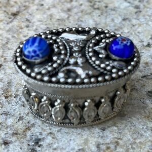 Vintage Millefiori Glass & Silver Oval Trinket Pill Box